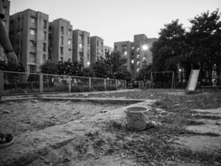 low and ahead: the sandpit and a bucket