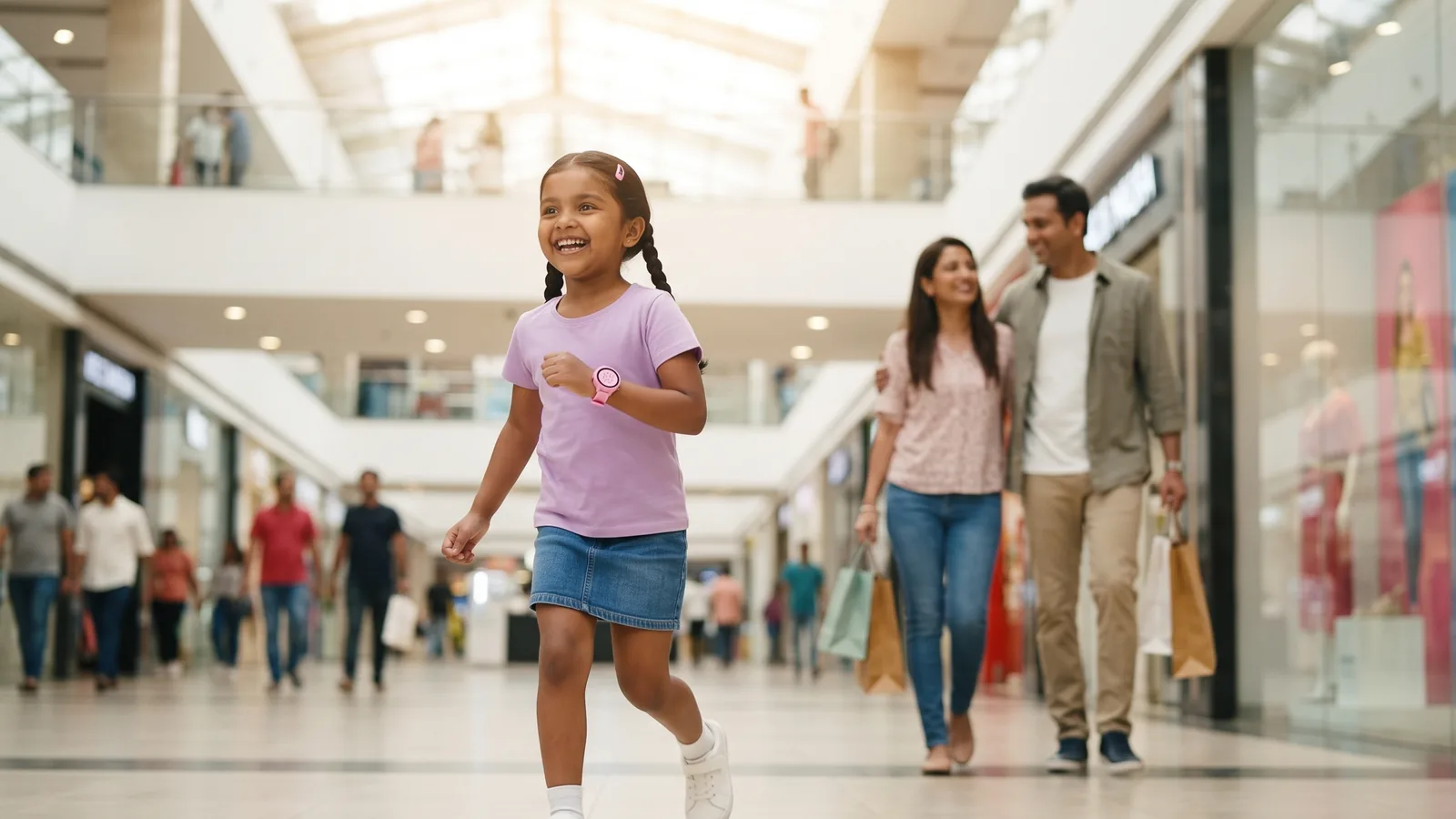 A young girl running a few steps ahead of her parents through a shopping mall, looking back and laughing, the pink Trustedwear Kids watch on her wrist