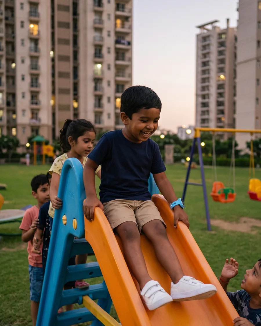 A young boy laughing at the top of a slide in his apartment society's play area at dusk, friends around him, the sky-blue Trustedwear Kids watch on his wrist