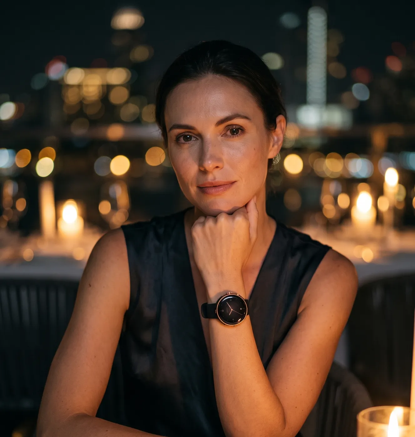 A woman at an evening rooftop dinner, wearing the Noir watch