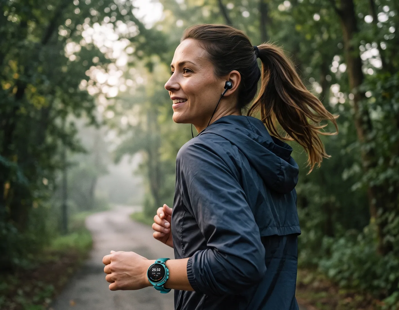 A woman running a misty tree-lined path at dawn, the teal Solo Runner on her wrist showing her run timer