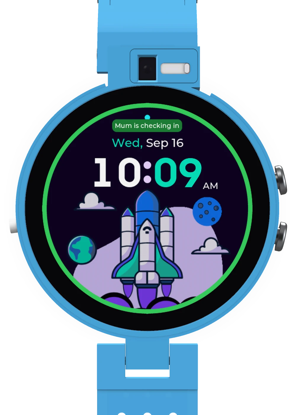 The watch announcing the look: a green ring round the screen and 'Mum is checking in'