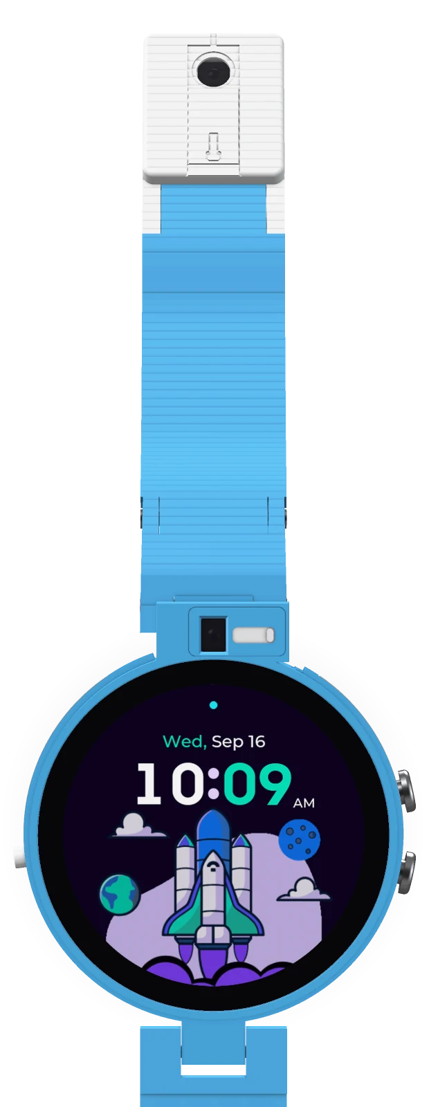 Trustedwear Kids from above, with the seven camera positions marked: five around the rim, one in the dial, one on the strap