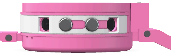 Trustedwear Kids in bubble-gum pink seen from 3 o'clock: the rim camera windows in the white privacy band, both crowns and the strap pod