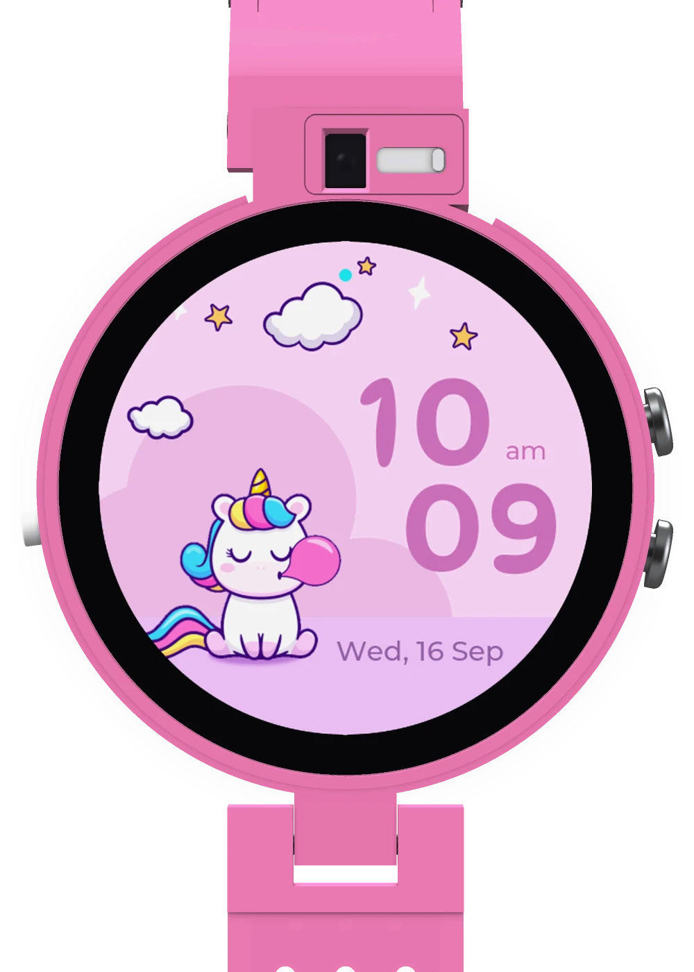 Trustedwear Kids in bubble-gum pink, straight on, the unicorn face