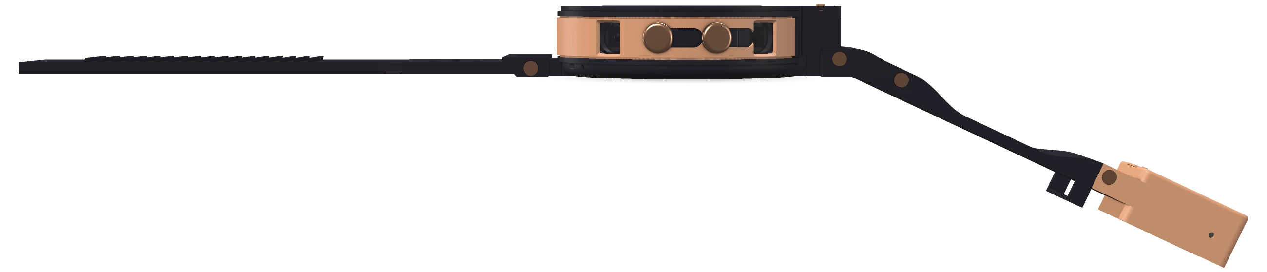 Trustedwear Women in Noir: profile from 3 o'clock, lobe and camera strap to the right, both crowns facing you, privacy covers open
